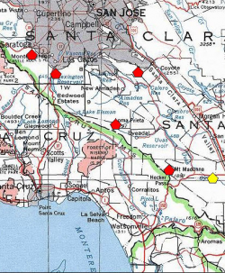 A red polygon indicates an extant occurrence; yellow indicates the occurrence has been extirpated. 